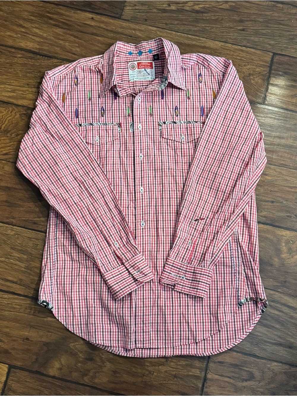 Robert Graham Freshly Laundered Shirt Men’s L Pink Gingham Surfboard Embroidered